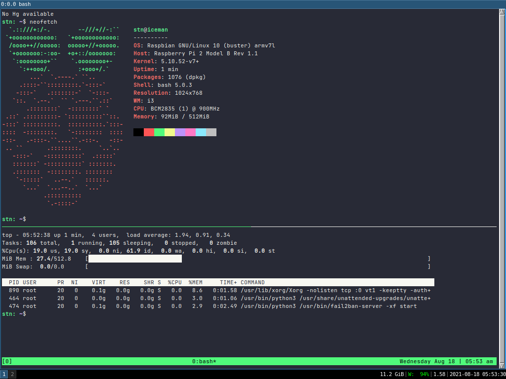 Screenshot of Raspberry Pi desktop showing specs and resource usage